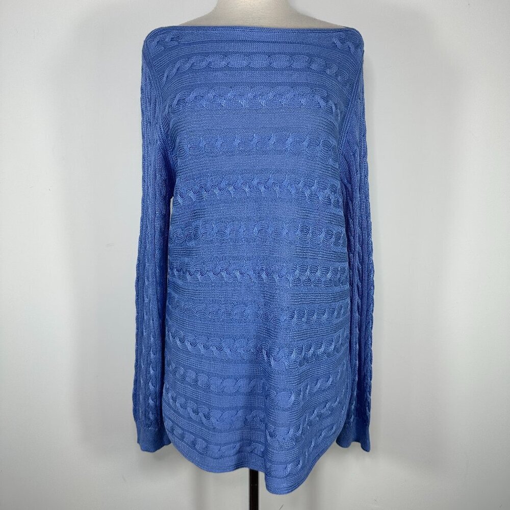 NWT Lauren Ralph Lauren Blue Cotton Blend Boat Neck Cable Knit Sweater XL RP $99